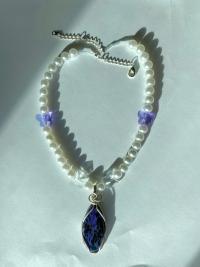 Charoite .925 silver Pendant on “Pearl” &  Butterfly Chunky Necklace