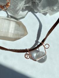 ONE of a KIND, HANDMADE Optical Quartz Sphere Copper Leather Choker Necklace