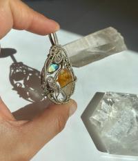 Citrine, Labradorite, Bismuth, and Quartz Silver Pendant