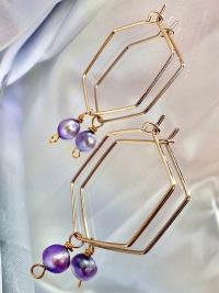 ONE of a KIND, HANDMADE Purple Freshwater Pearl Hexagon Dangle Hoops