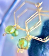 ONE of a KIND, HANDMADE Green Freshwater Pearl Hexagon Dangle Hoops