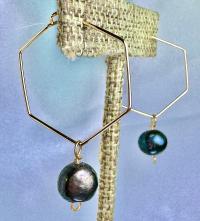 Black Freshwater Pearl Hexagon Dangle Hoops