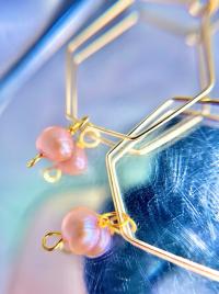 ONE of a KIND, HANDMADE Pink Freshwater Pearl Hexagon Dangle Hoops