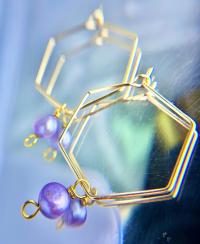 ONE of a KIND, HANDMADE Purple Freshwater Pearl Hexagon Dangle Hoops