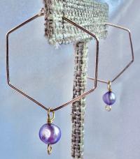 ONE of a KIND, HANDMADE Purple Freshwater Pearl Hexagon Dangle Hoops