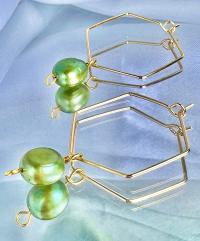 ONE of a KIND, HANDMADE Green Freshwater Pearl Hexagon Dangle Hoops