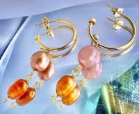 ONE of a KIND, HANDMADE Peach & Orange Pearl Dangle Hoops