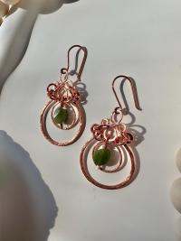 Handmade Natural Jade Hammered Copper Dangle Earrings