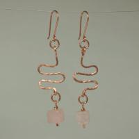 Rose Quartz & Hammered Copper Wavy Eclectic Statement Earrings