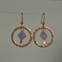 Amethyst & Hammered Copper Dangle Hoop Earrings