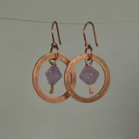 Amethyst & Hammered Copper Dangle Hoop Earrings
