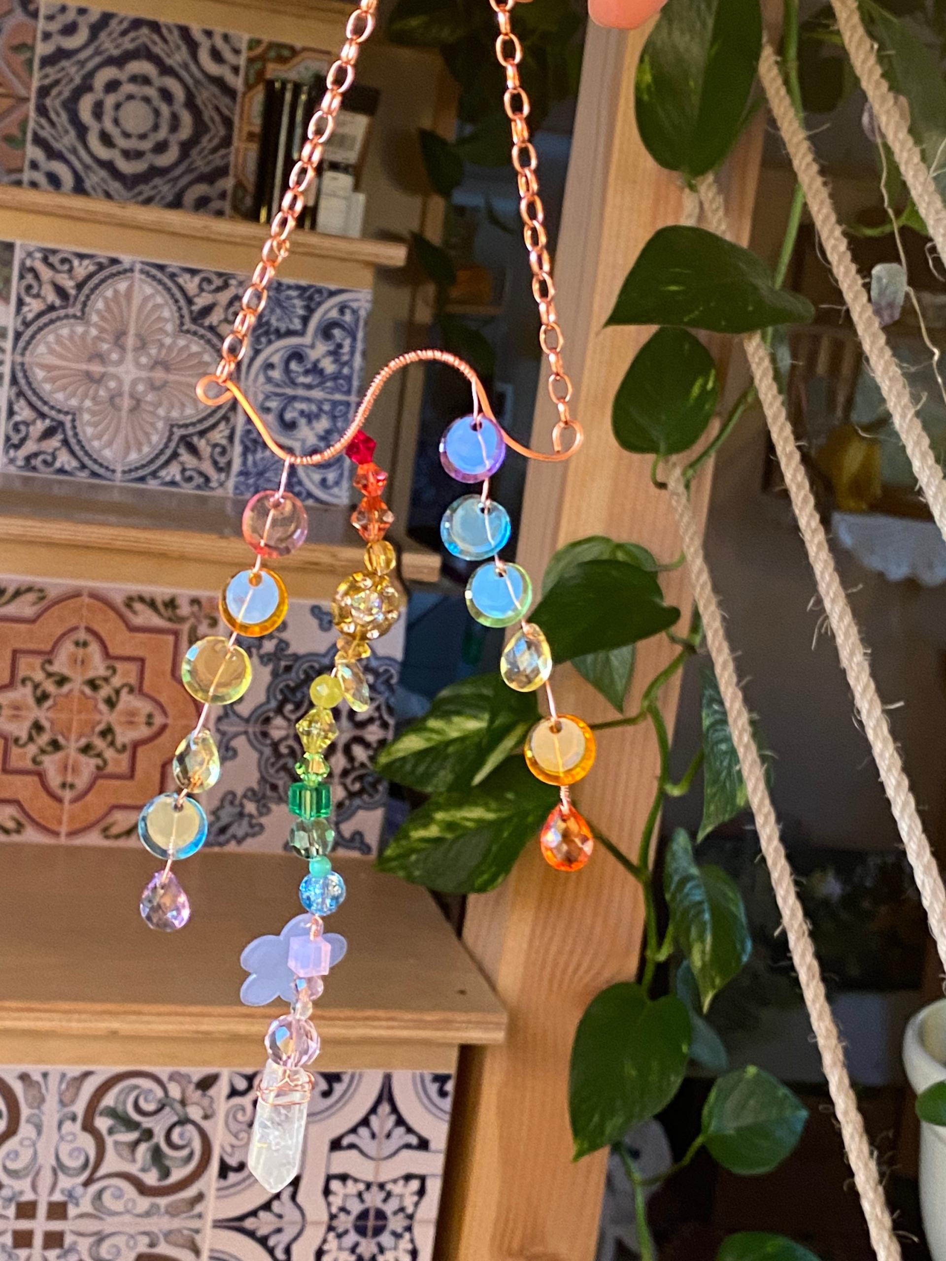 Rainbow Prismatic Aura Quartz and Crystal Copper Suncatcher