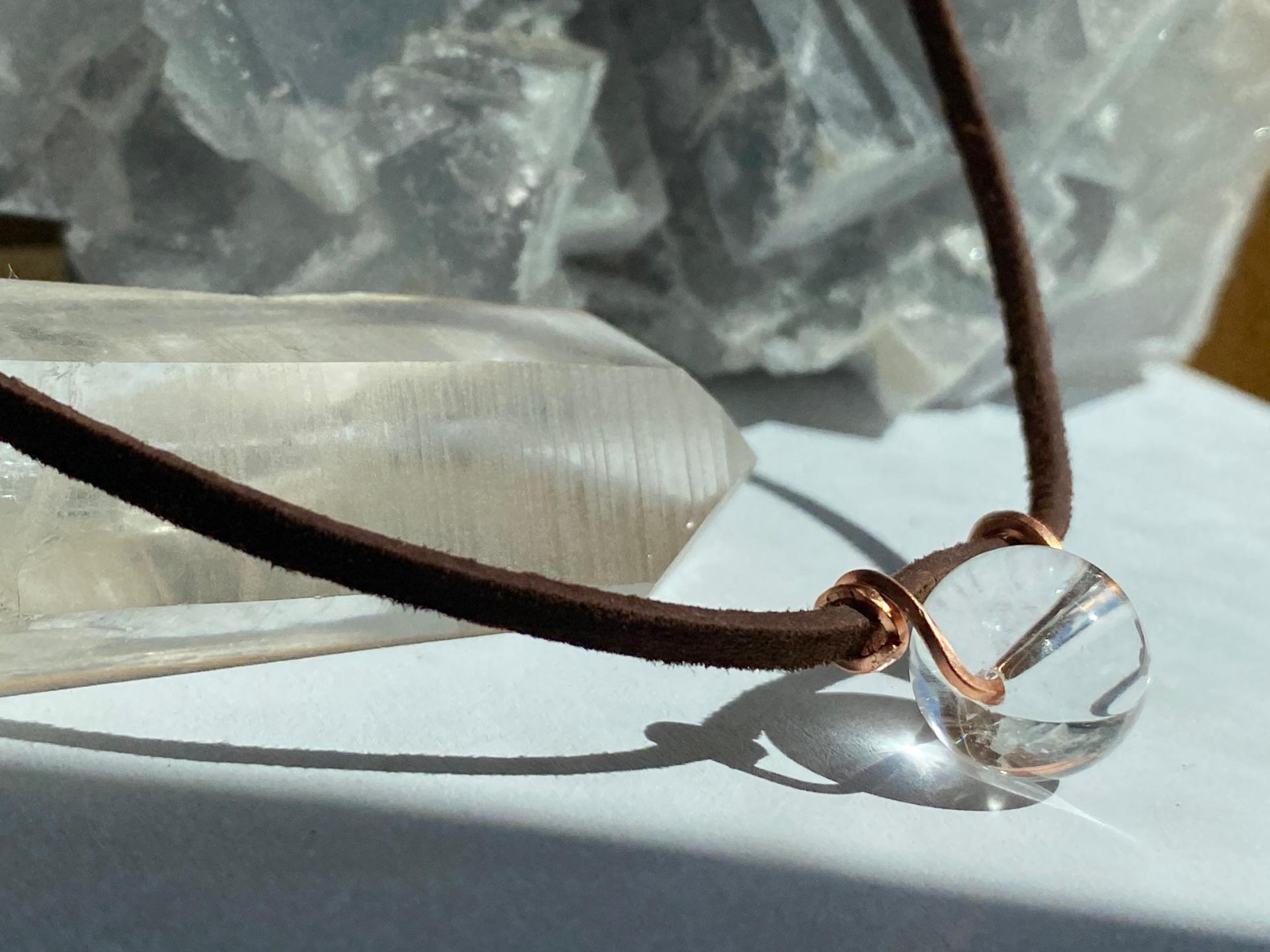 ONE of a KIND, HANDMADE Optical Quartz Sphere Copper Leather Choker Necklace