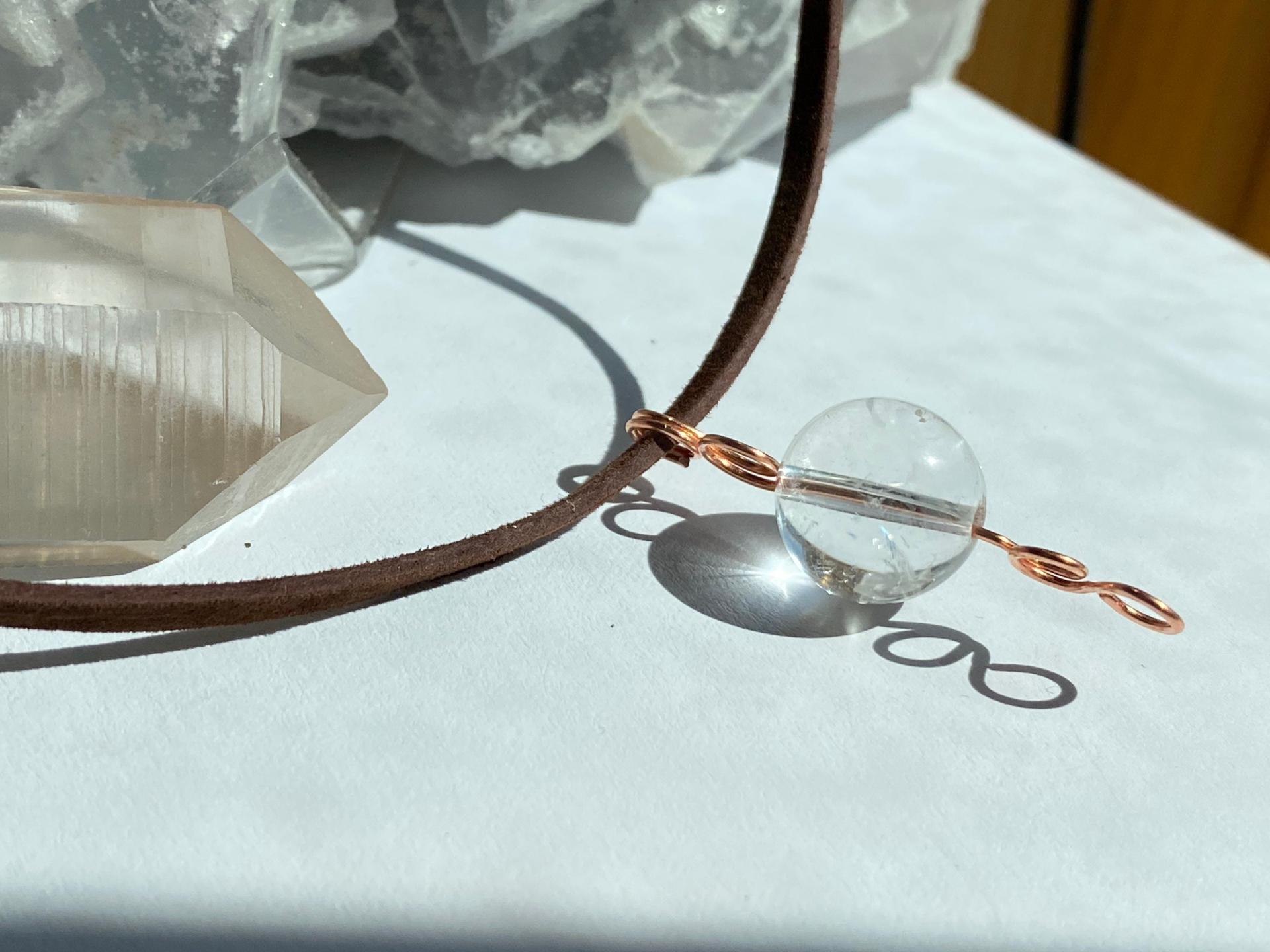 ONE of a KIND, HANDMADE Optical Quartz Sphere Copper Leather Choker Necklace