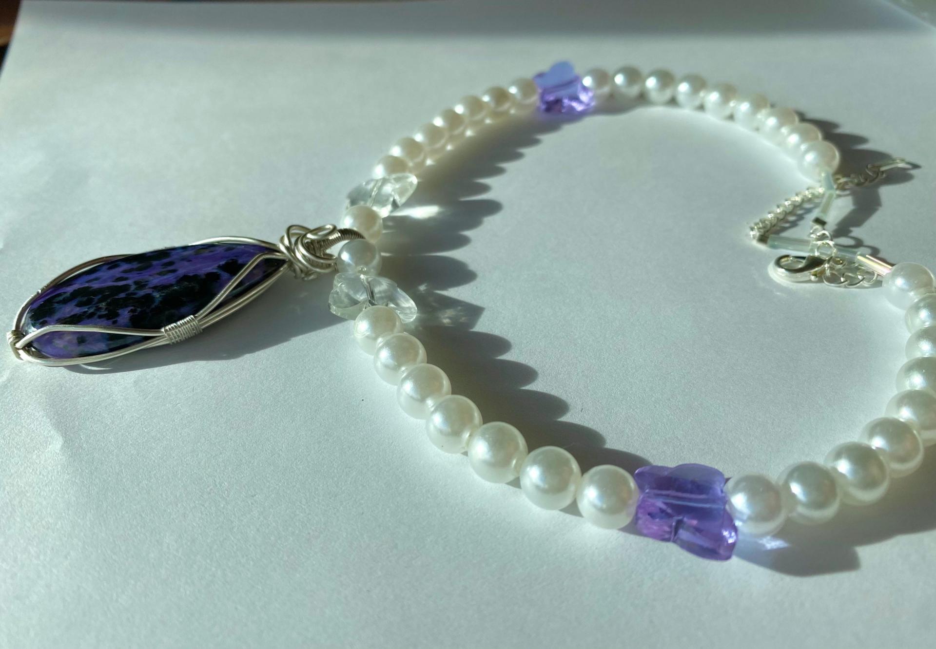 Charoite .925 silver Pendant on “Pearl” &  Butterfly Chunky Necklace