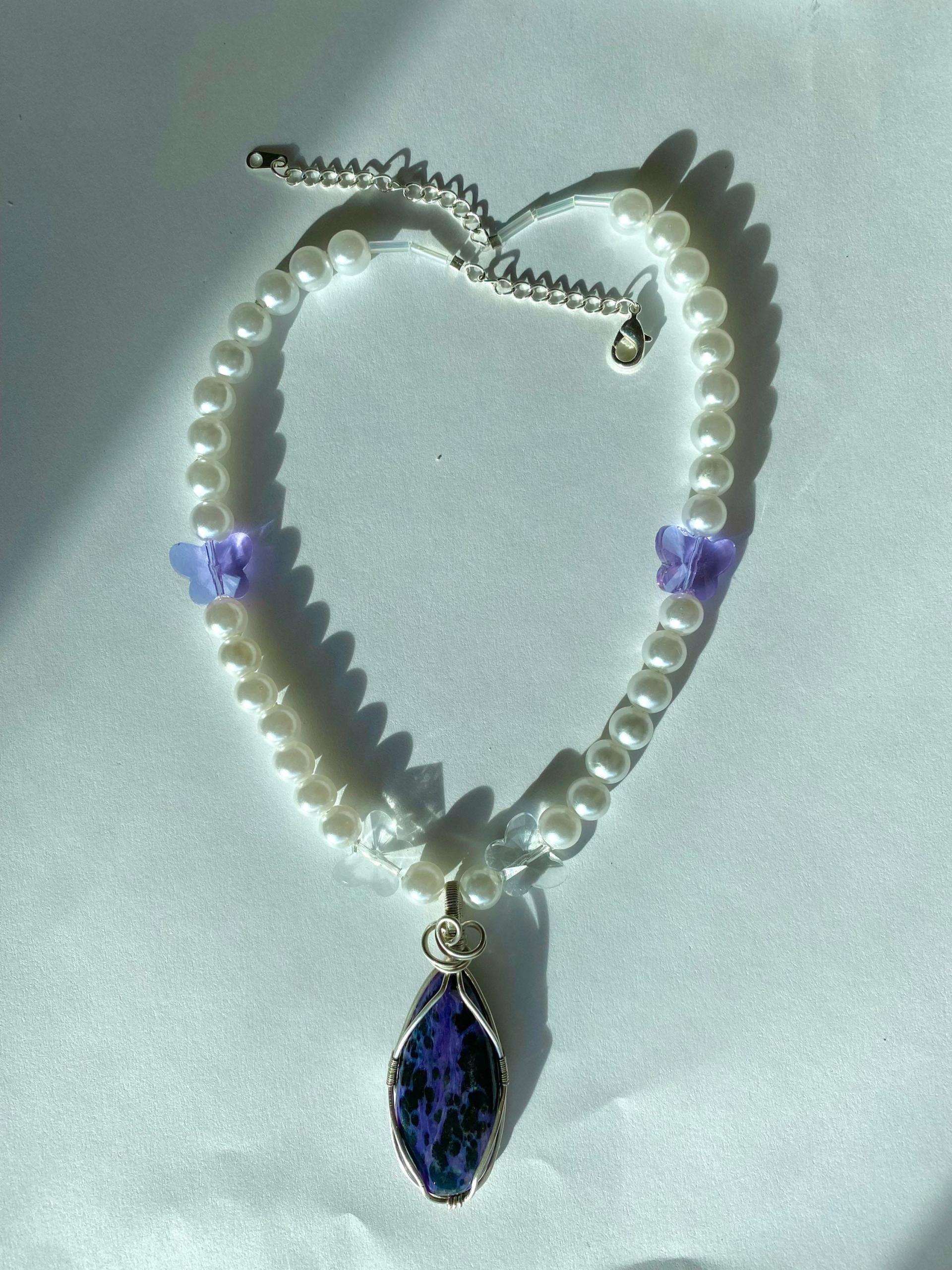 Charoite .925 silver Pendant on “Pearl” &  Butterfly Chunky Necklace