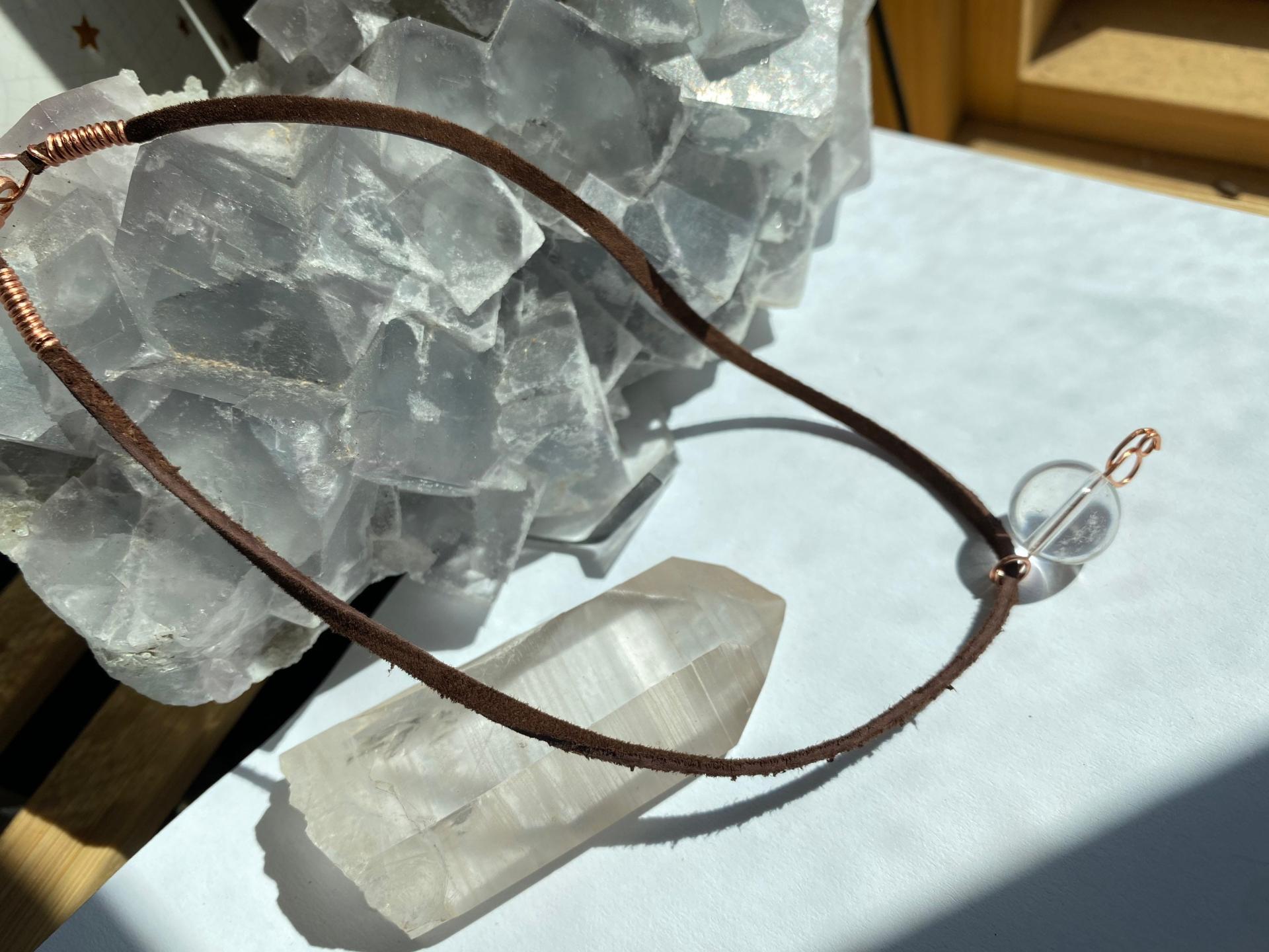 ONE of a KIND, HANDMADE Optical Quartz Sphere Copper Leather Choker Necklace