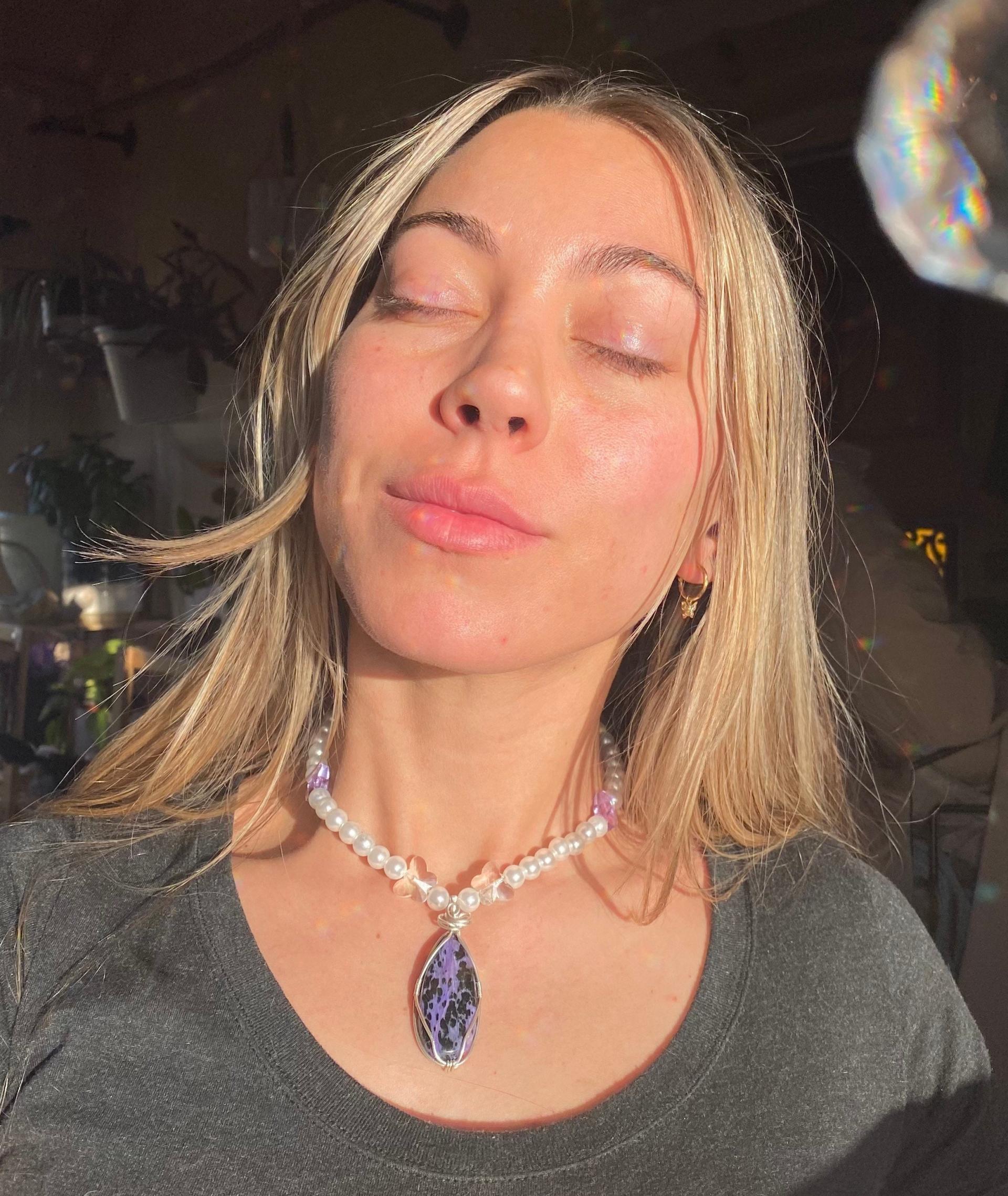 Charoite .925 silver Pendant on “Pearl” &  Butterfly Chunky Necklace