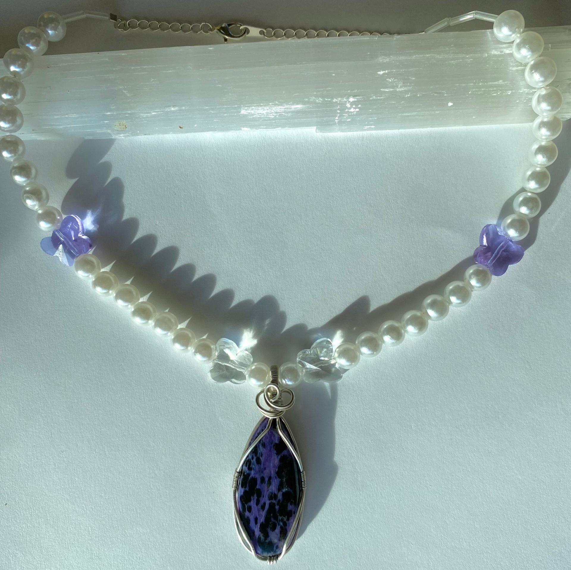 Charoite .925 silver Pendant on “Pearl” &  Butterfly Chunky Necklace