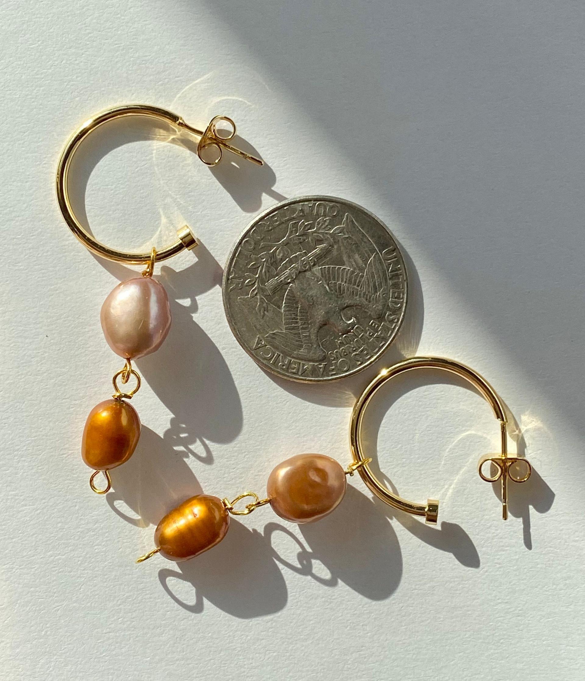 ONE of a KIND, HANDMADE Peach & Orange Pearl Dangle Hoops