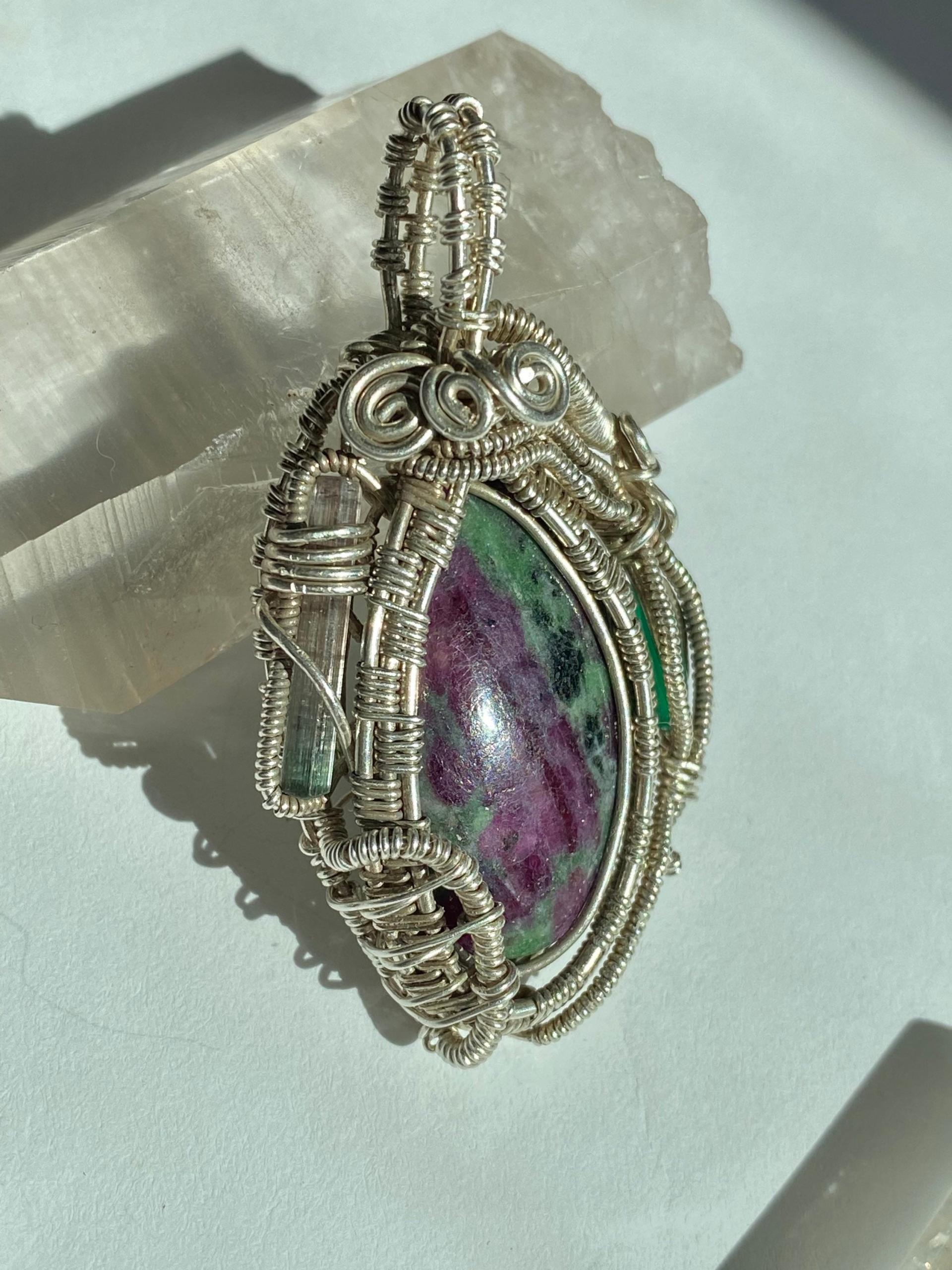 Ruby in Zoisite, Watermelon Tourmaline and Green Onyx Fine Silver Pendant