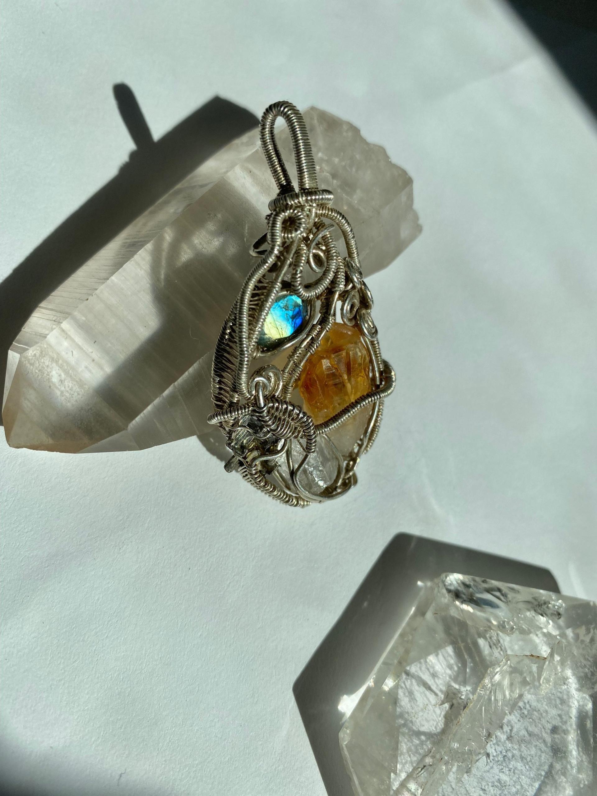 Citrine, Labradorite, Bismuth, and Quartz Silver Pendant