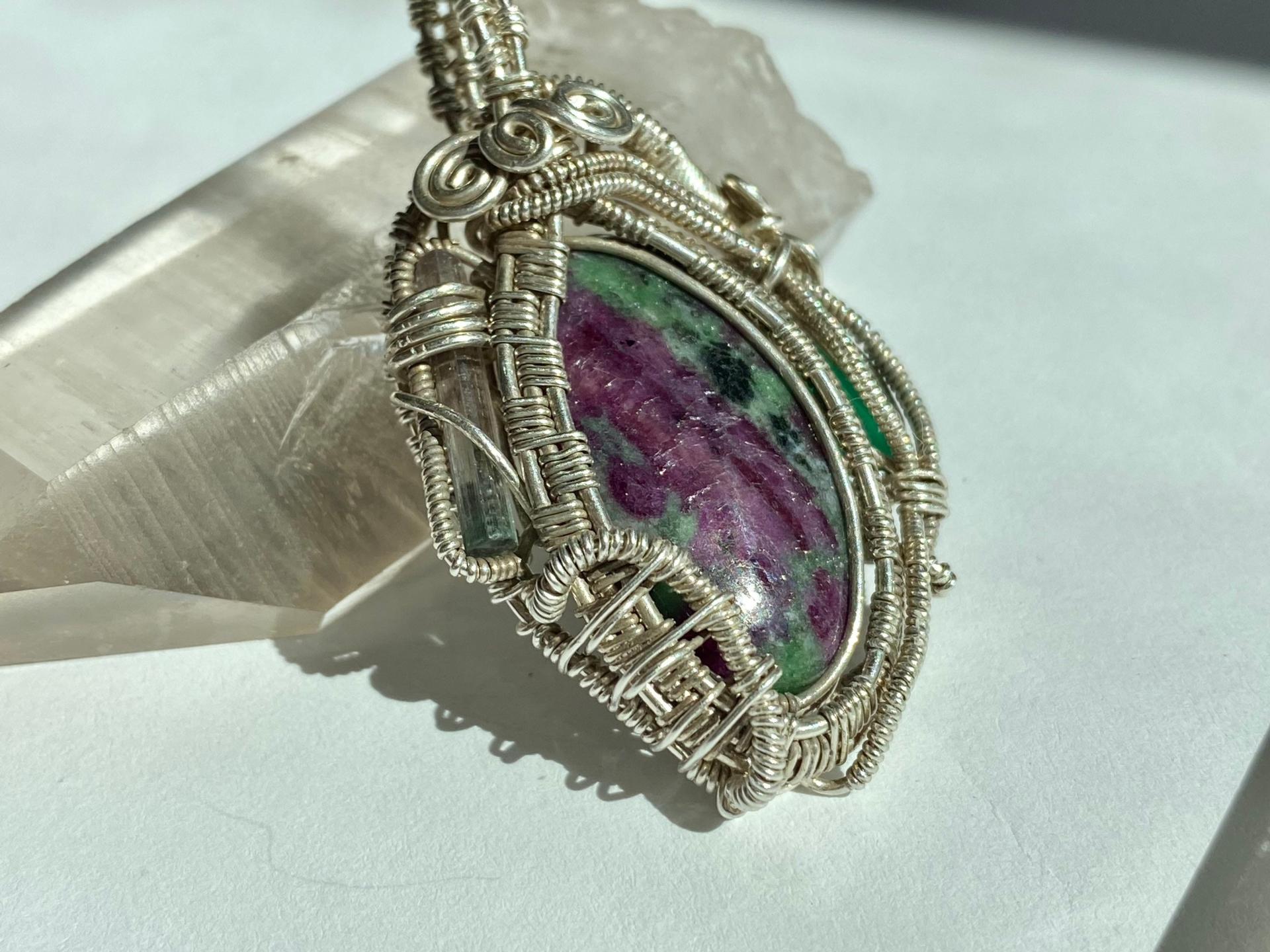 Ruby in Zoisite, Watermelon Tourmaline and Green Onyx Fine Silver Pendant