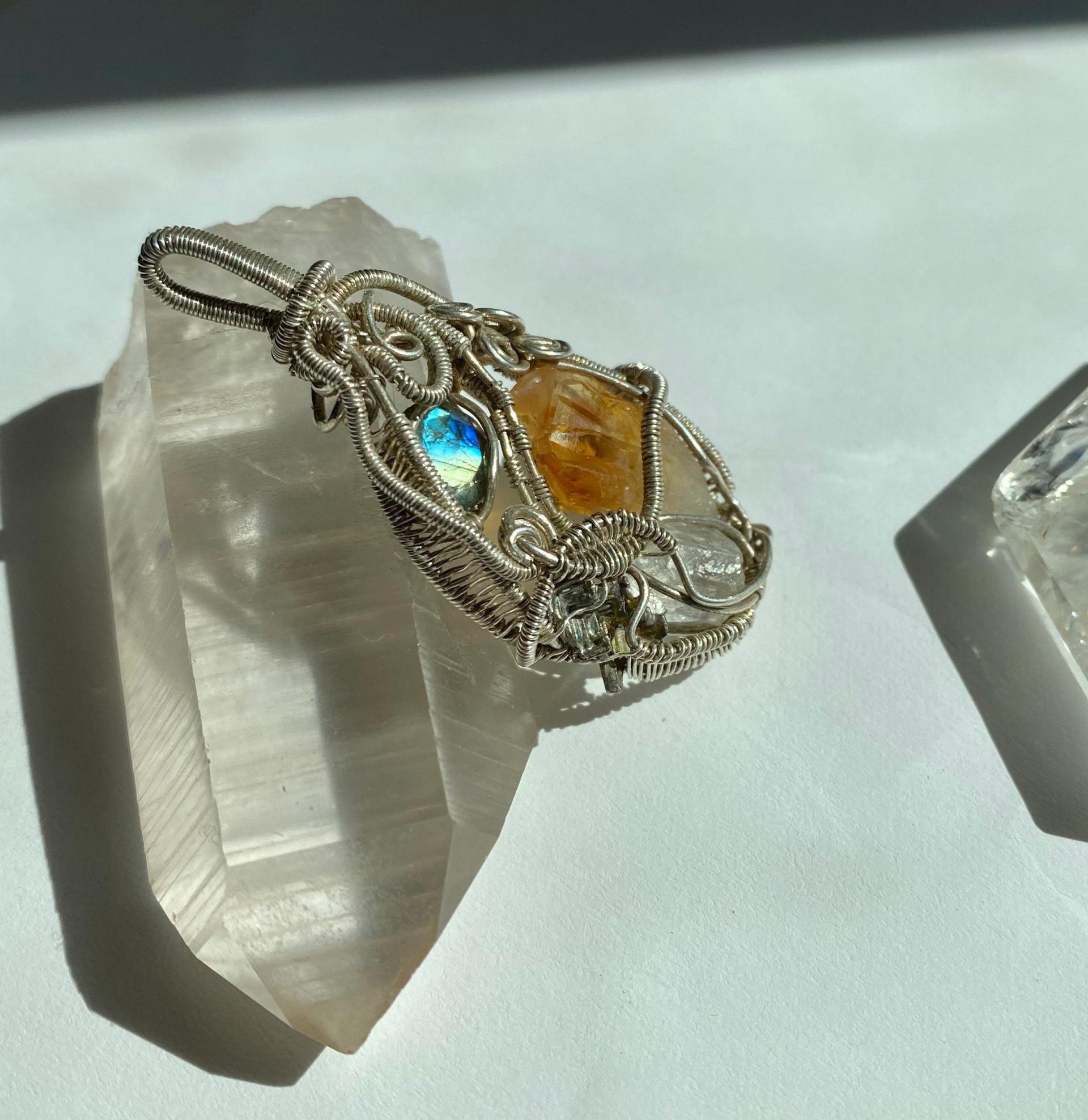 Citrine, Labradorite, Bismuth, and Quartz Silver Pendant