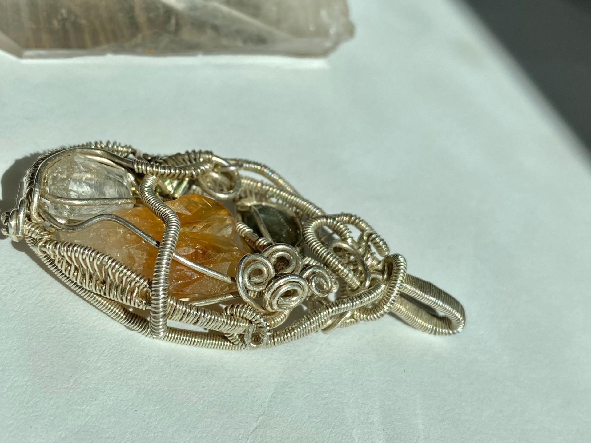 Citrine, Labradorite, Bismuth, and Quartz Silver Pendant
