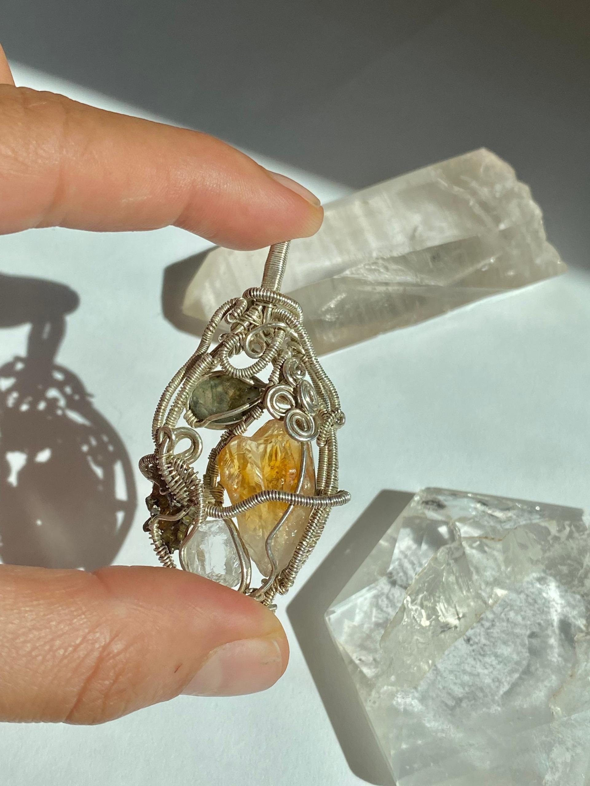 Citrine, Labradorite, Bismuth, and Quartz Silver Pendant
