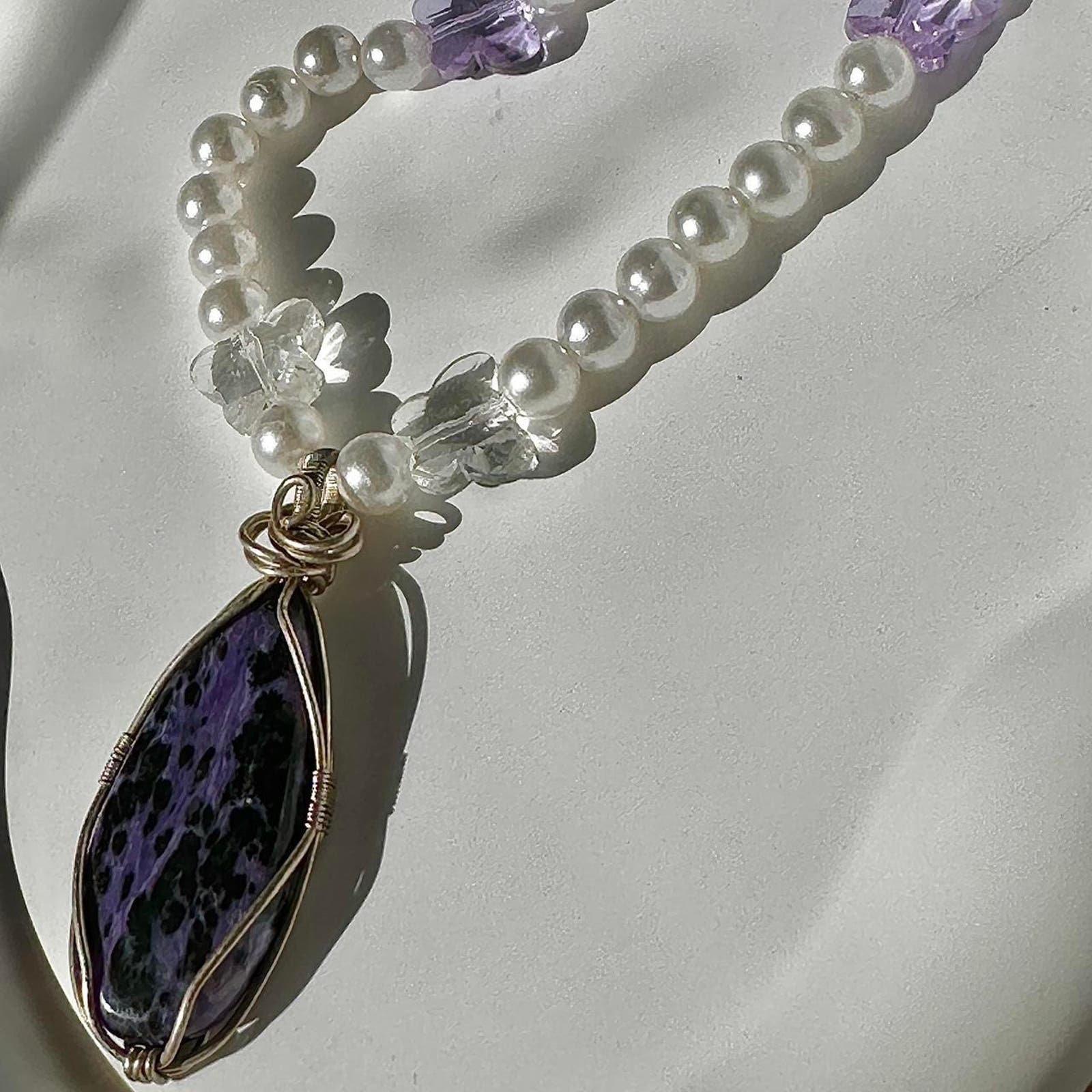 Handmade charoite beaded butterfly necklace