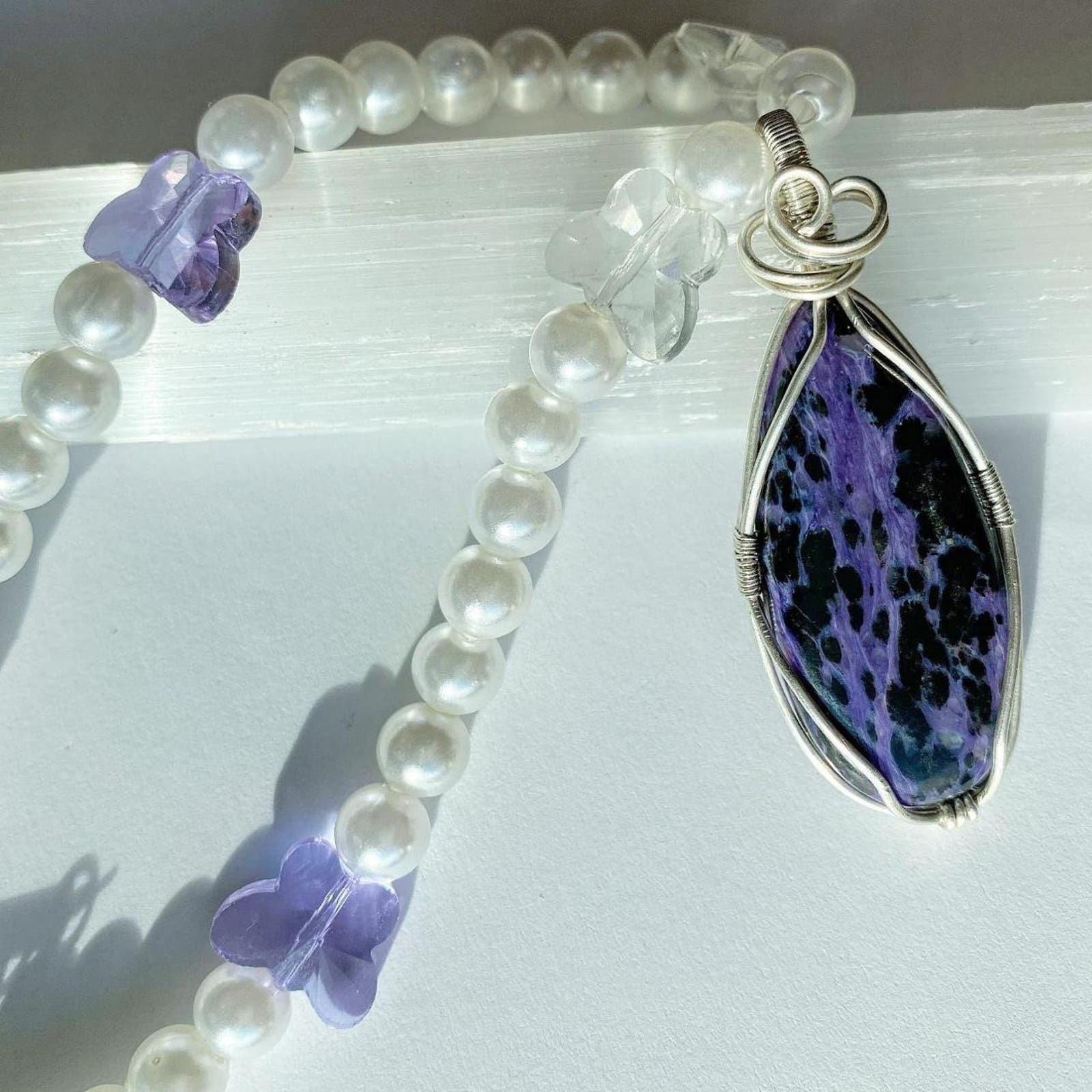 Handmade charoite beaded butterfly necklace
