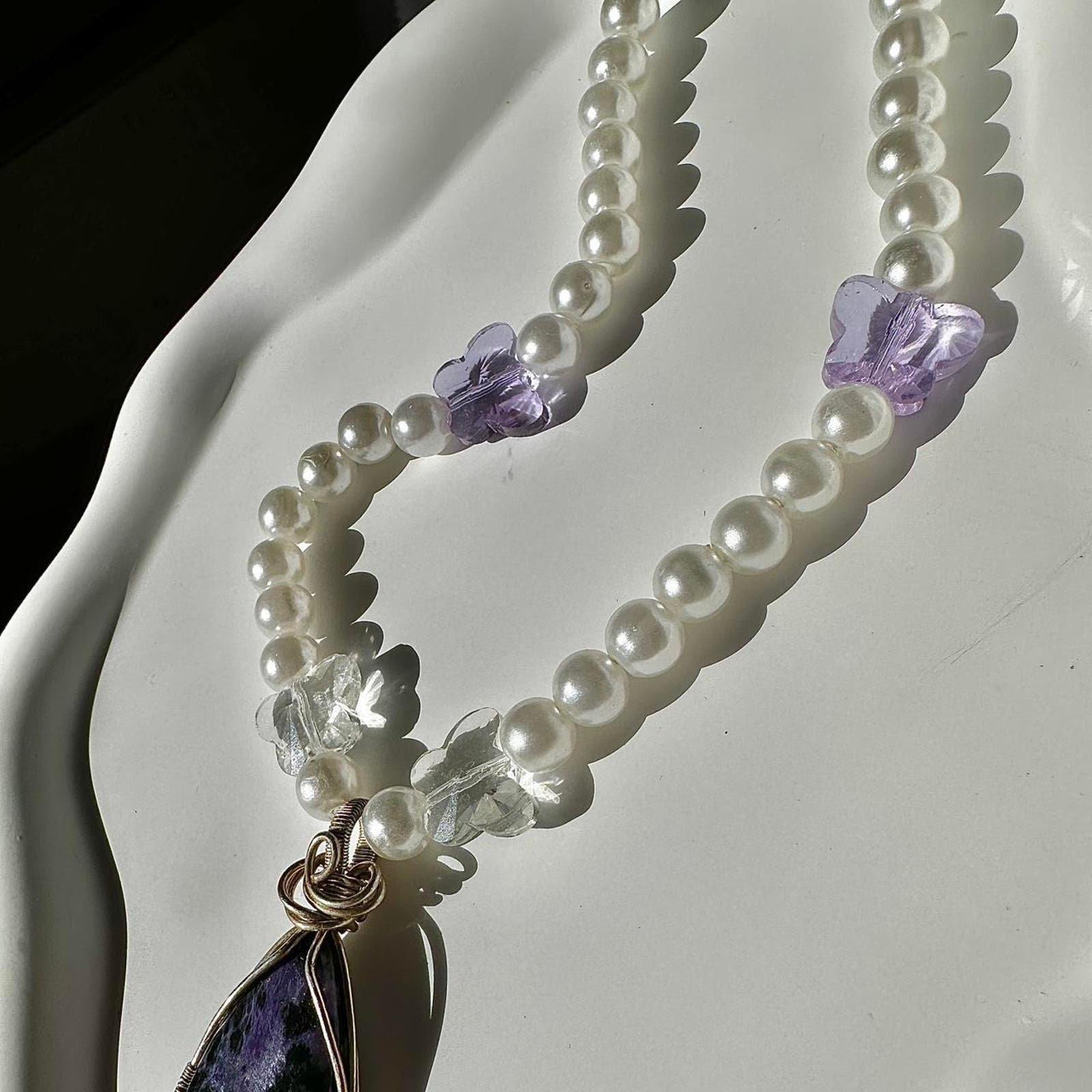 Handmade charoite beaded butterfly necklace