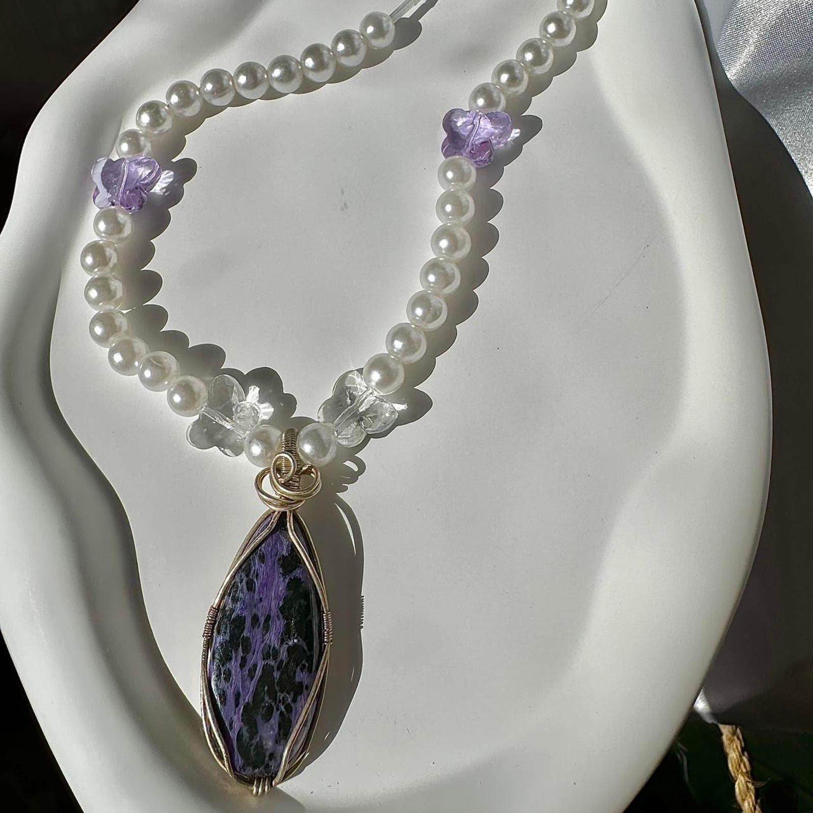 Handmade charoite beaded butterfly necklace