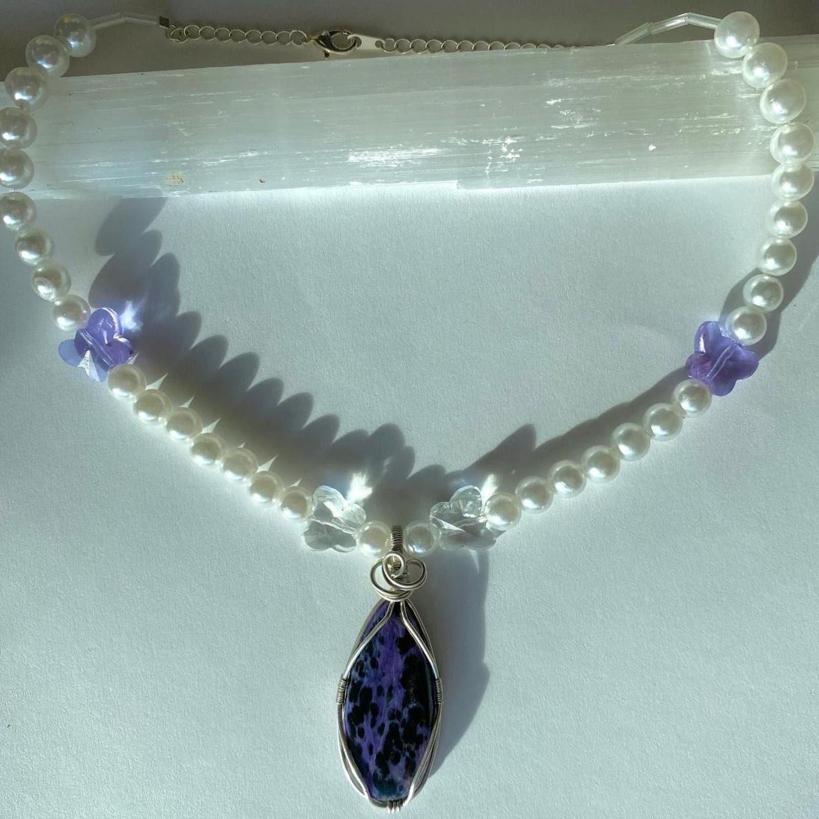 Handmade charoite beaded butterfly necklace