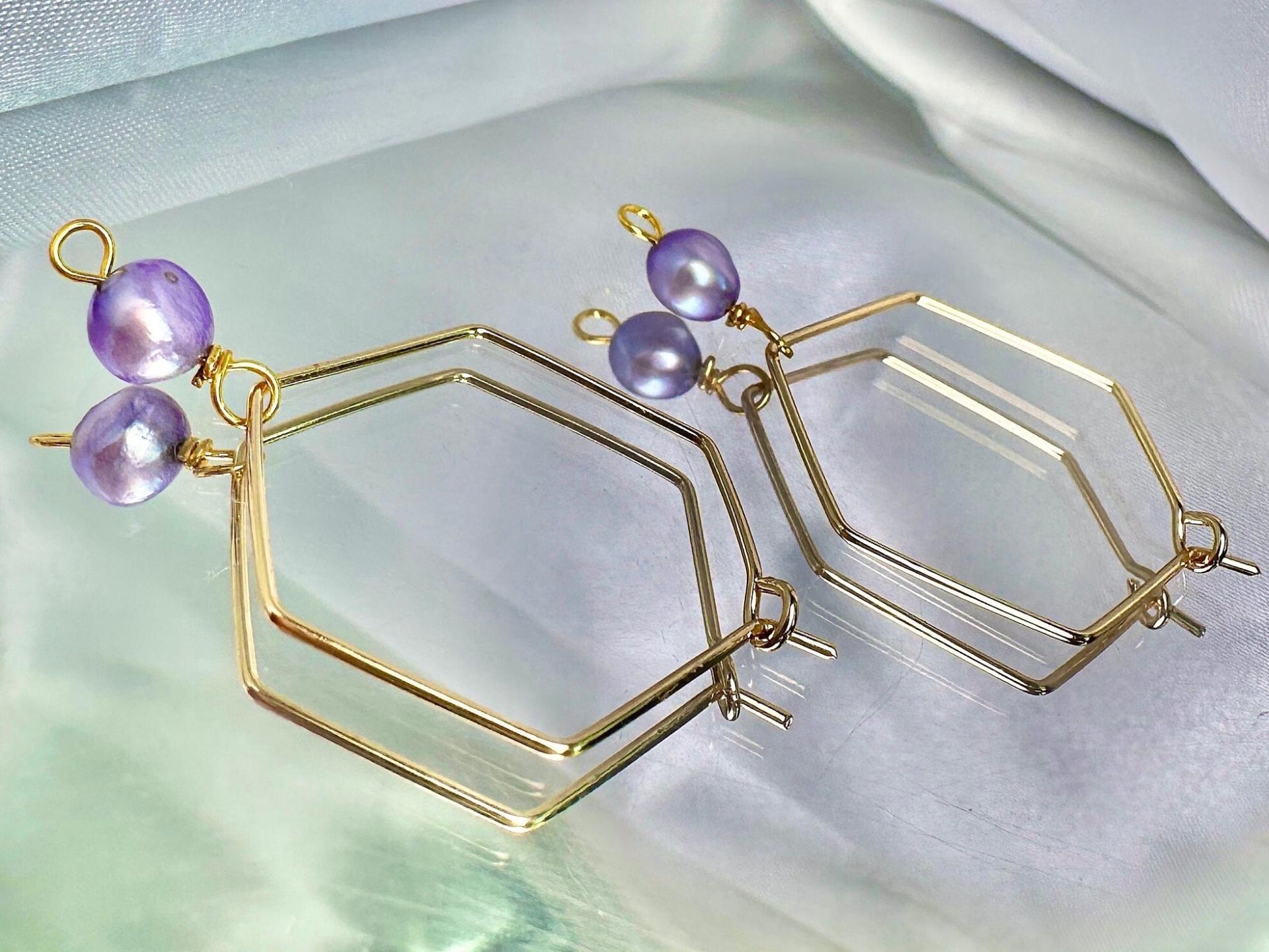 ONE of a KIND, HANDMADE Purple Freshwater Pearl Hexagon Dangle Hoops