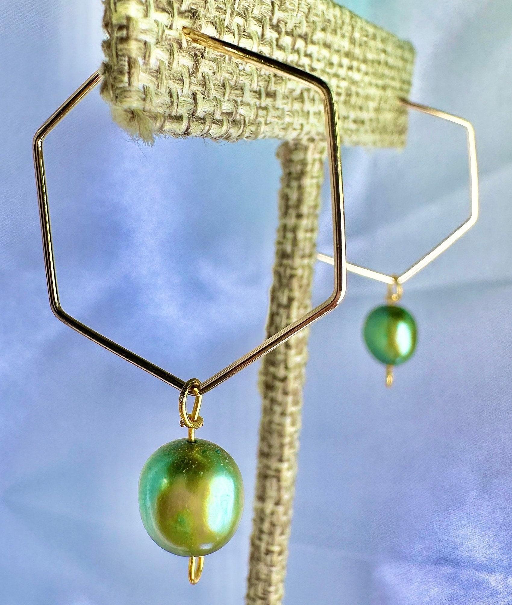 ONE of a KIND, HANDMADE Green Freshwater Pearl Hexagon Dangle Hoops