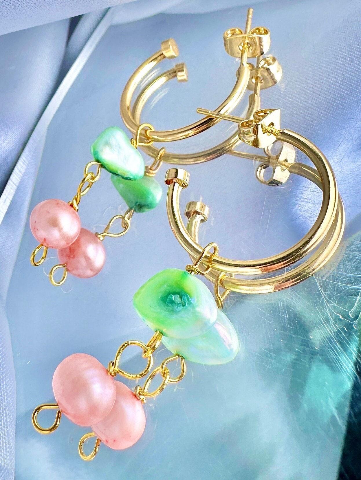 ONE of a KIND, HANDMADE Pink & Aqua Green Pearl Dangle Hoops