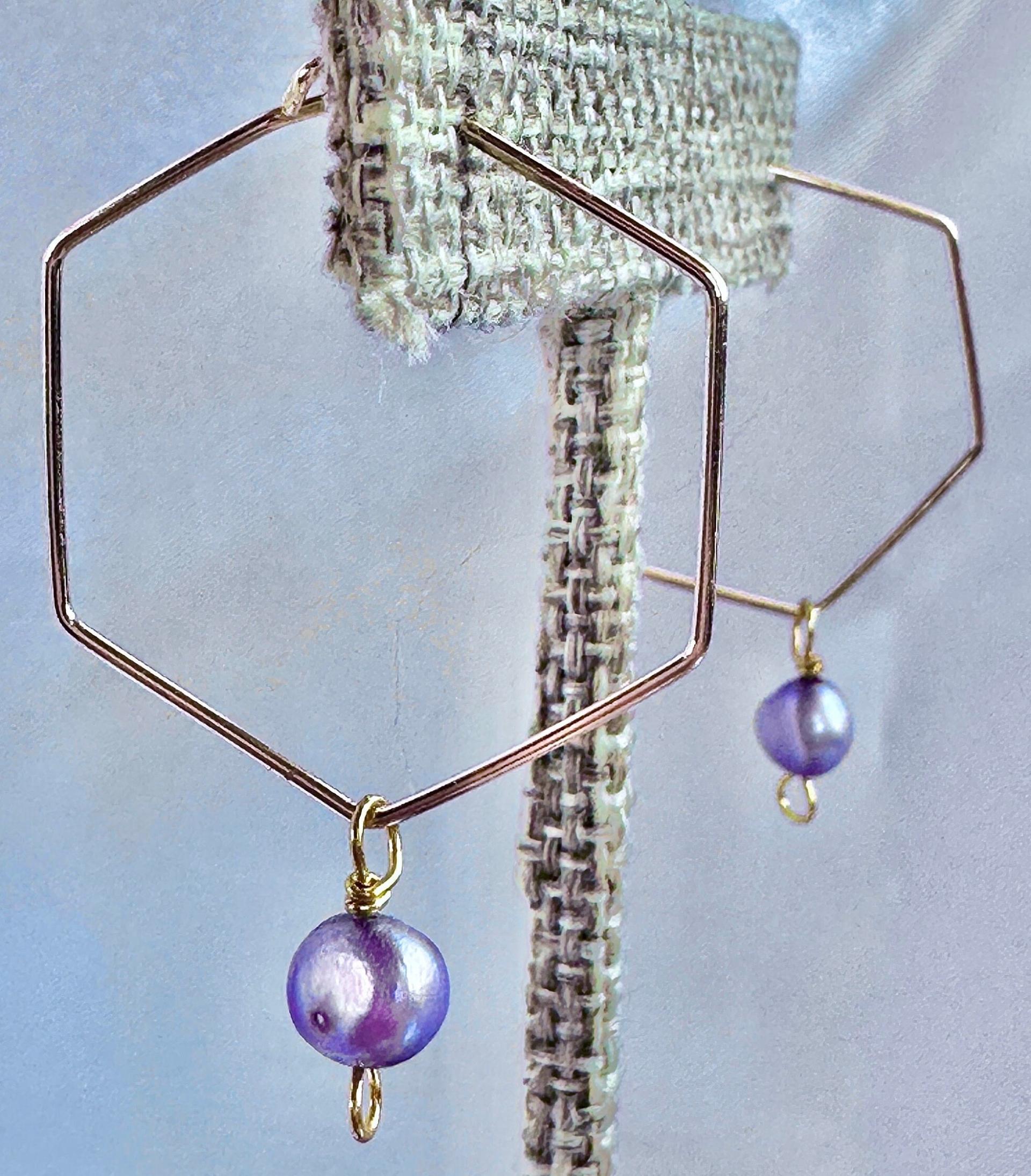 ONE of a KIND, HANDMADE Purple Freshwater Pearl Hexagon Dangle Hoops