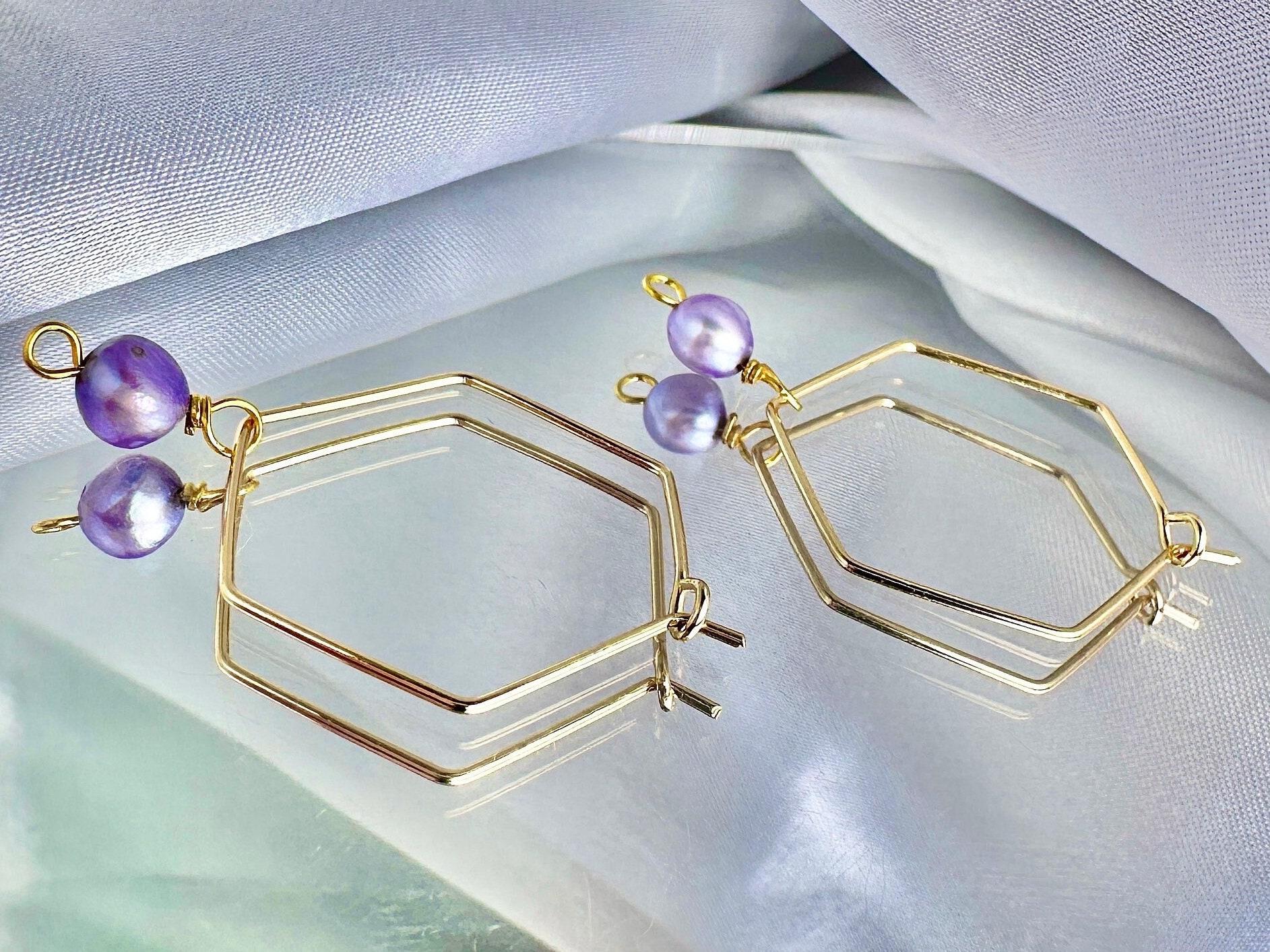 ONE of a KIND, HANDMADE Purple Freshwater Pearl Hexagon Dangle Hoops