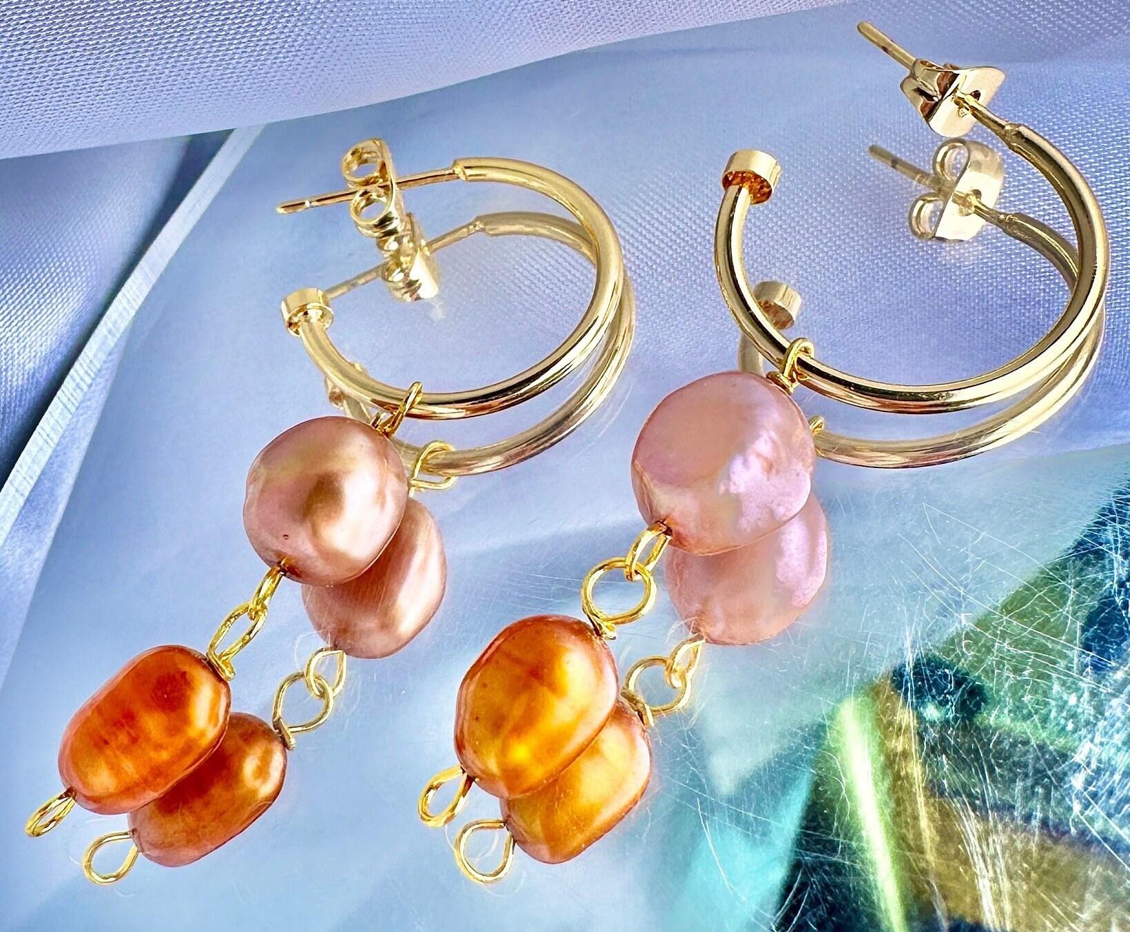 ONE of a KIND, HANDMADE Peach & Orange Pearl Dangle Hoops