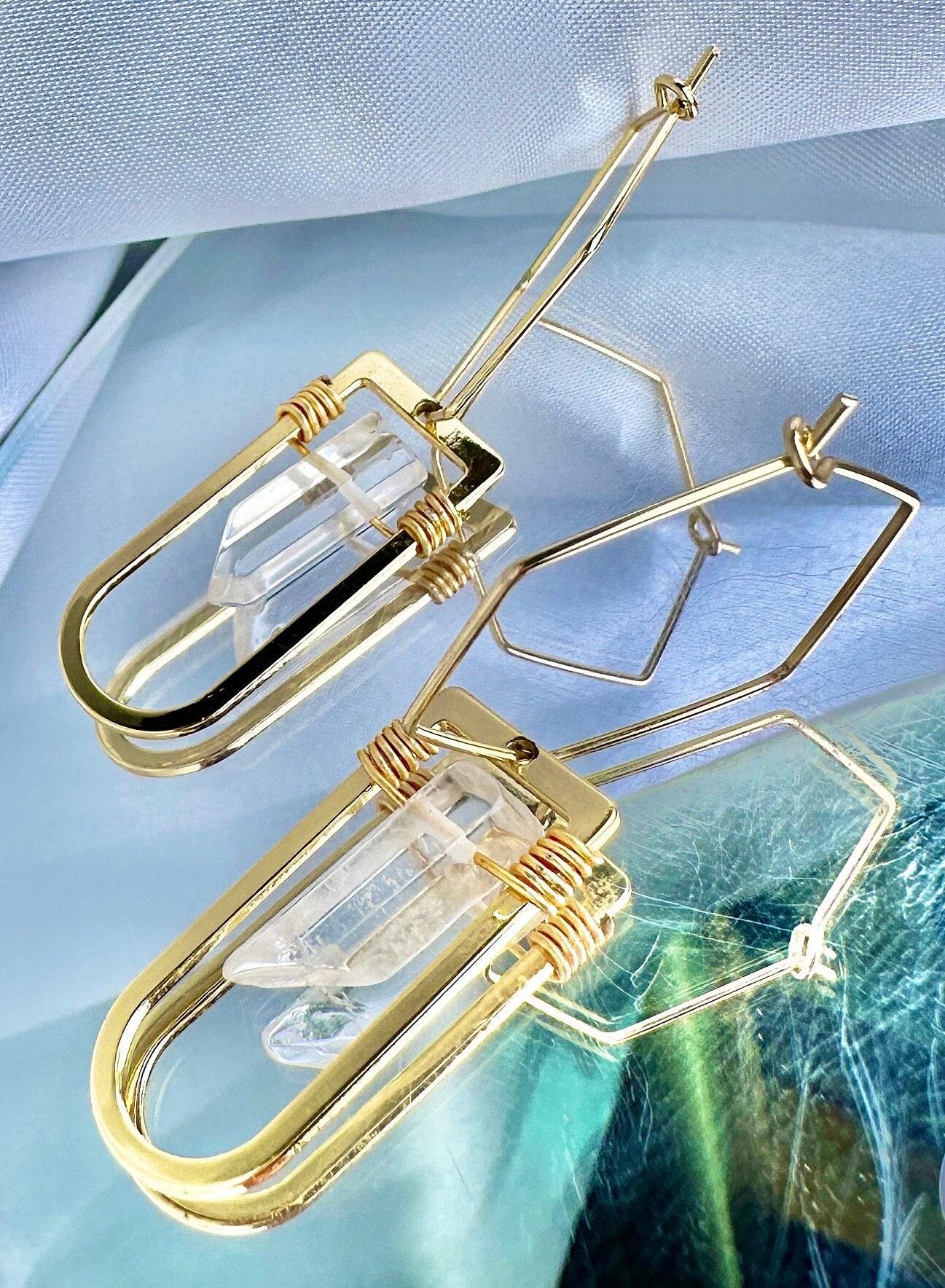 Quartz Gold Hexagon Hoops
