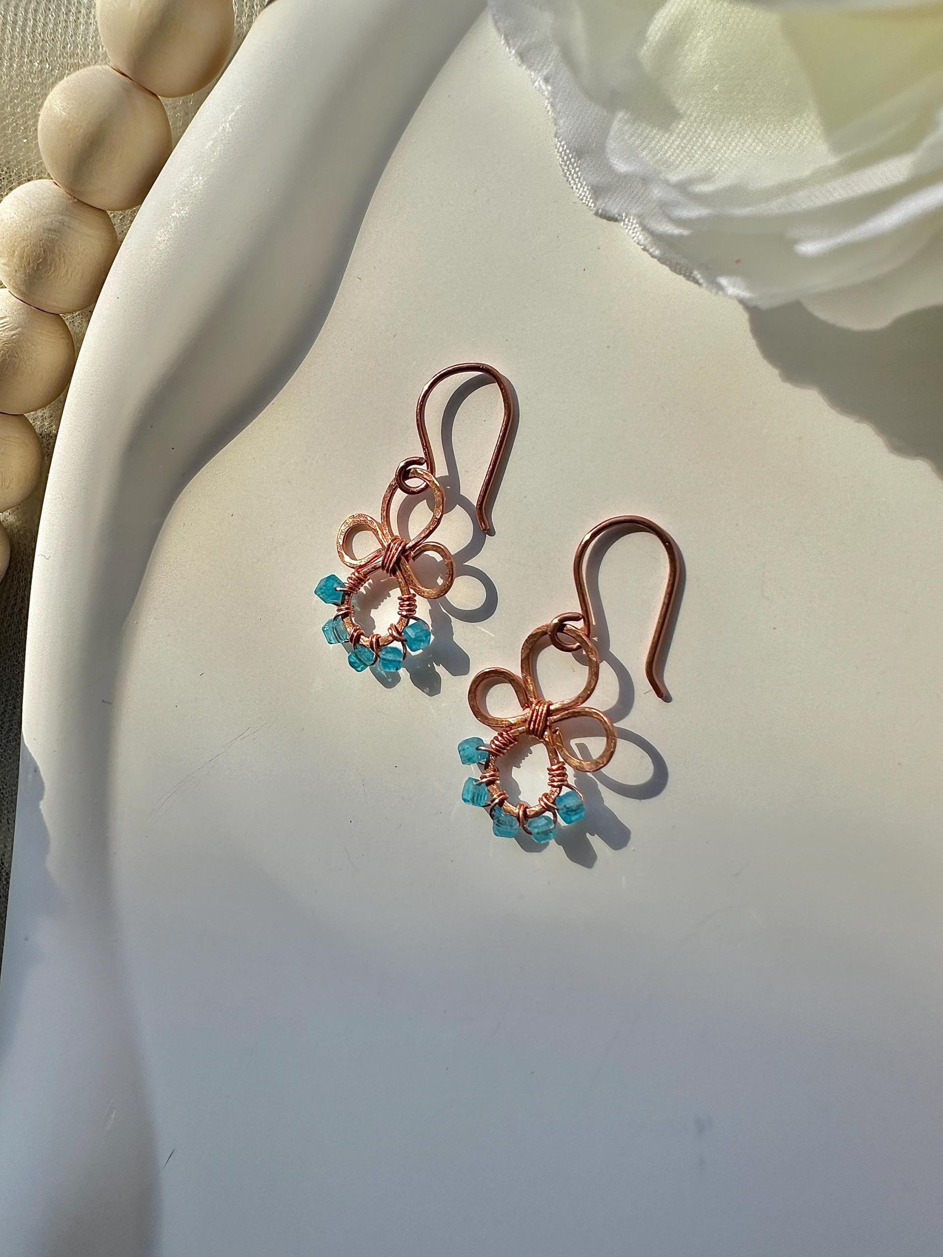 Handmade Natural Apatite Hammered Copper Earrings