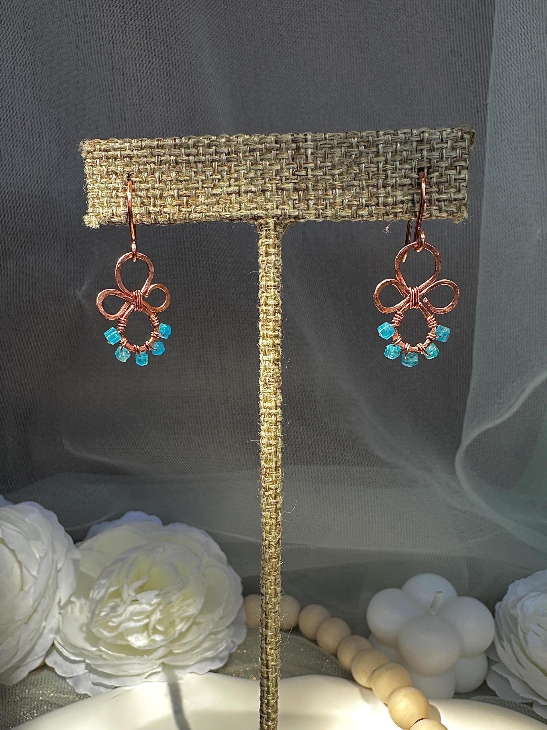 Handmade Natural Apatite Hammered Copper Earrings
