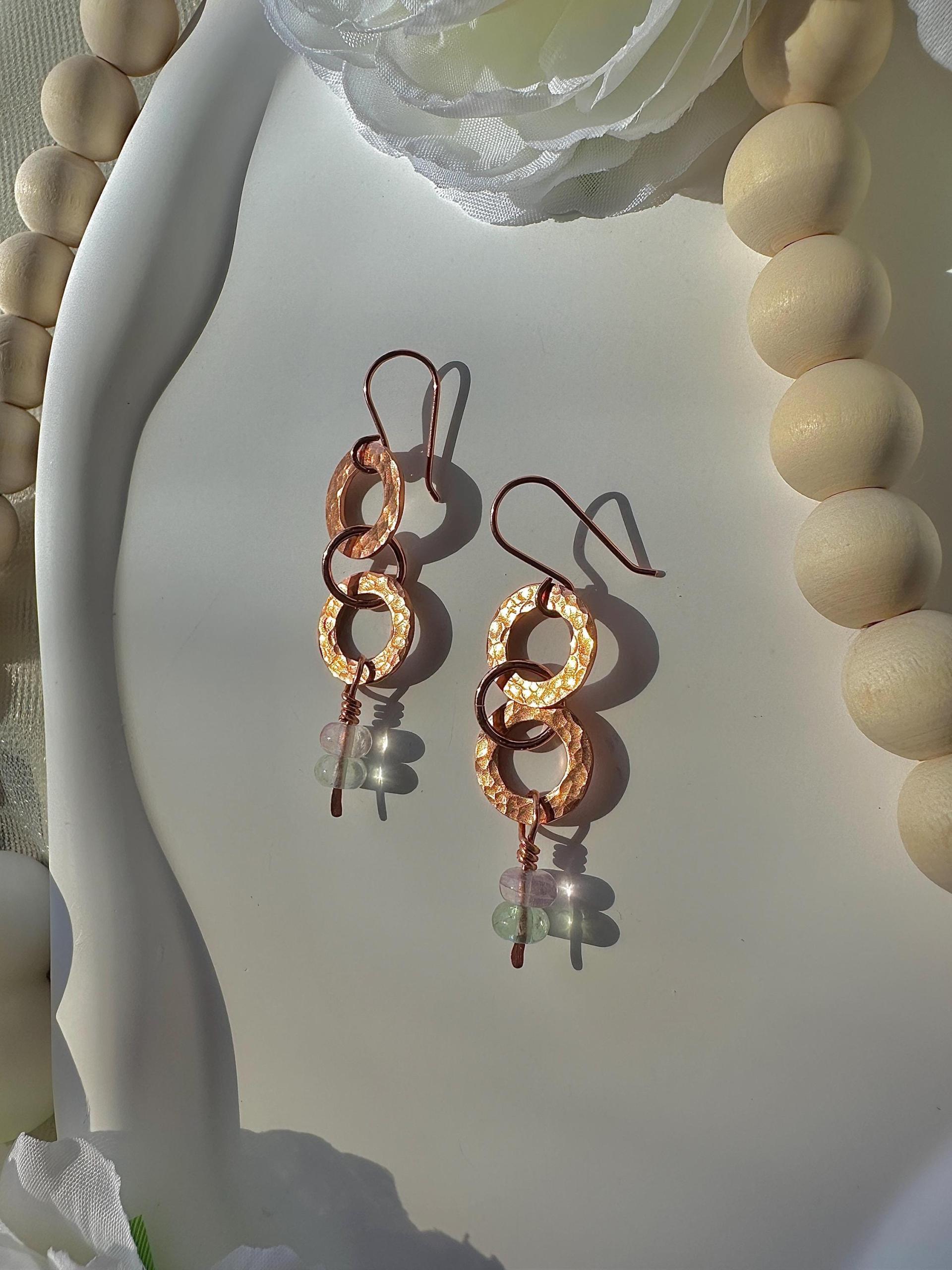 Handmade Natural Fluorite Hammered Copper Earrings