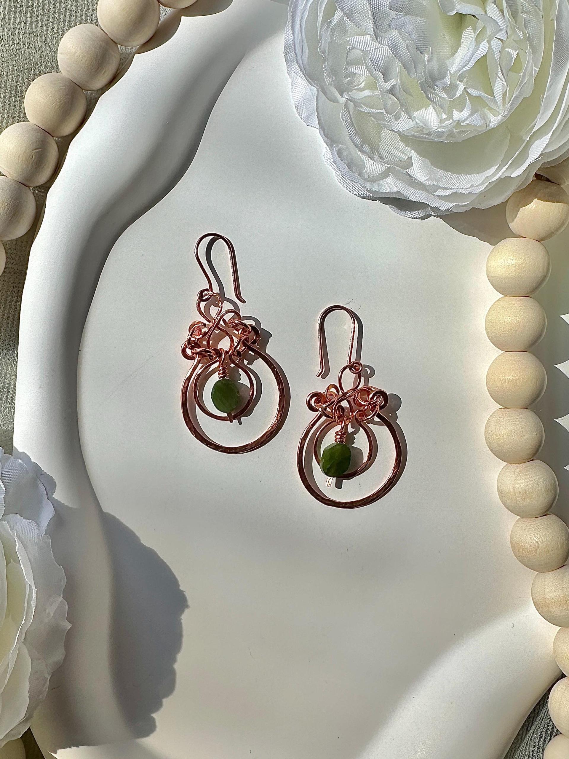 Handmade Natural Jade Hammered Copper Dangle Earrings