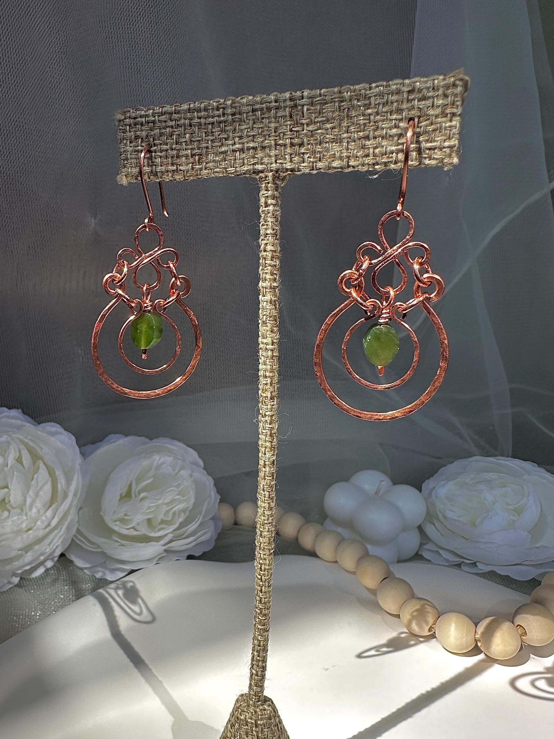 Handmade Natural Jade Hammered Copper Dangle Earrings
