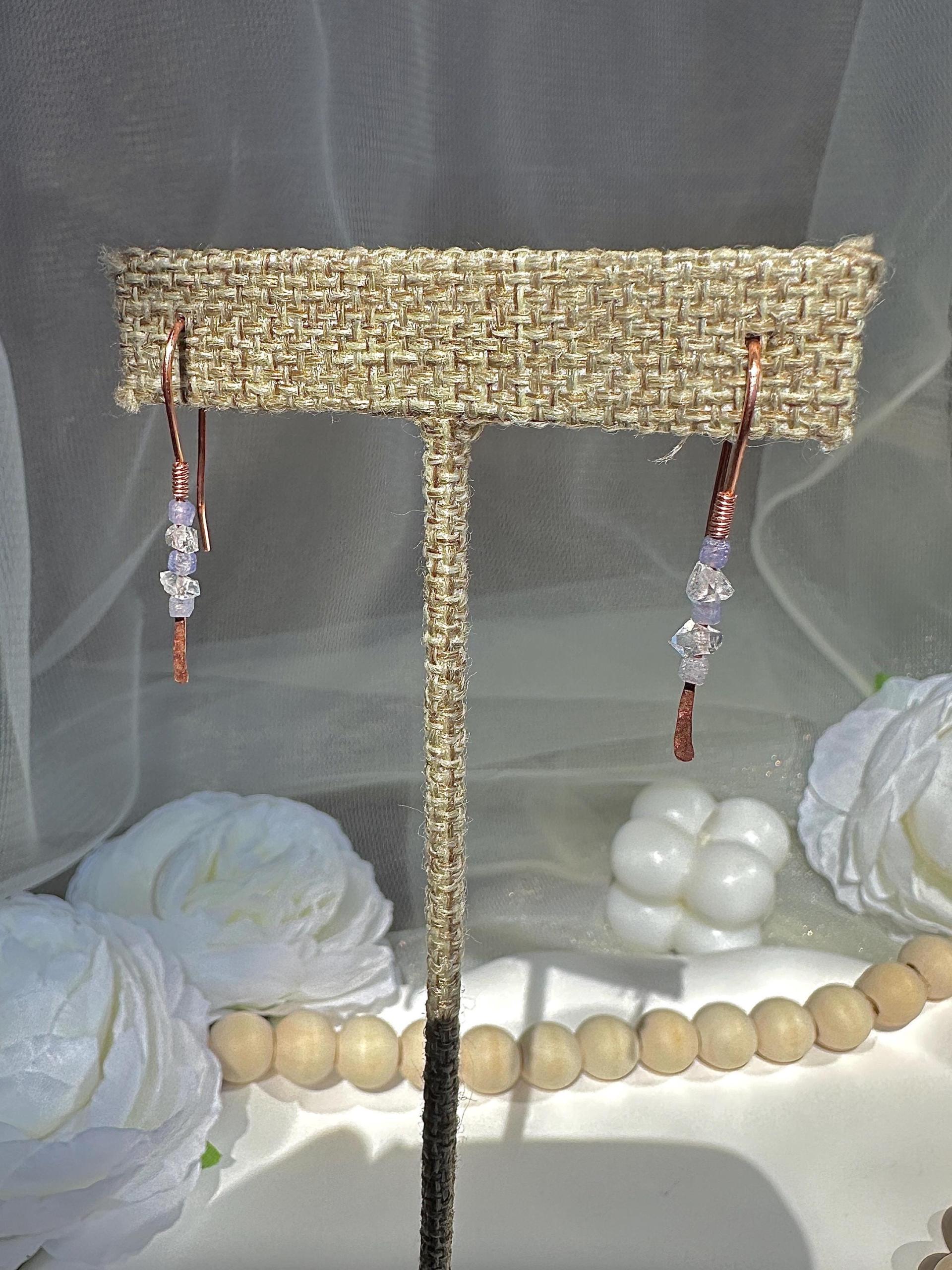 Handmade Minimalist Natural Herkimer Diamond and Tanzanite Hammered Copper Earrings