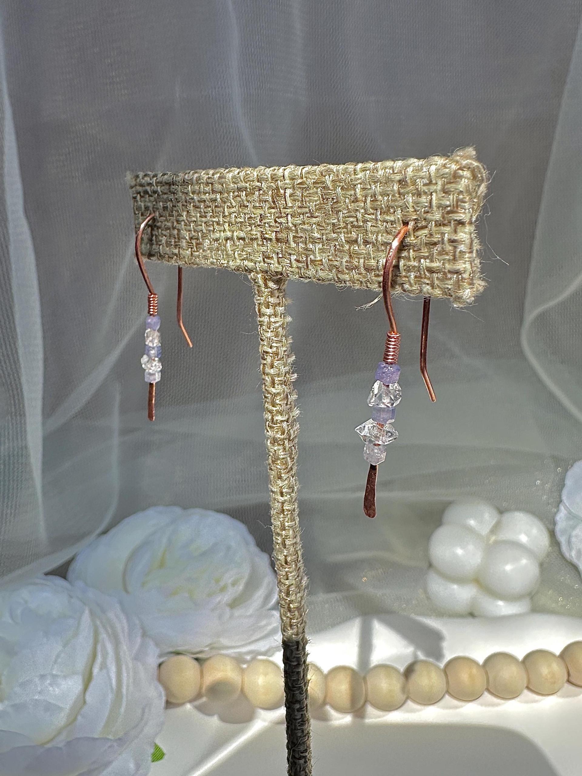 Handmade Minimalist Natural Herkimer Diamond and Tanzanite Hammered Copper Earrings