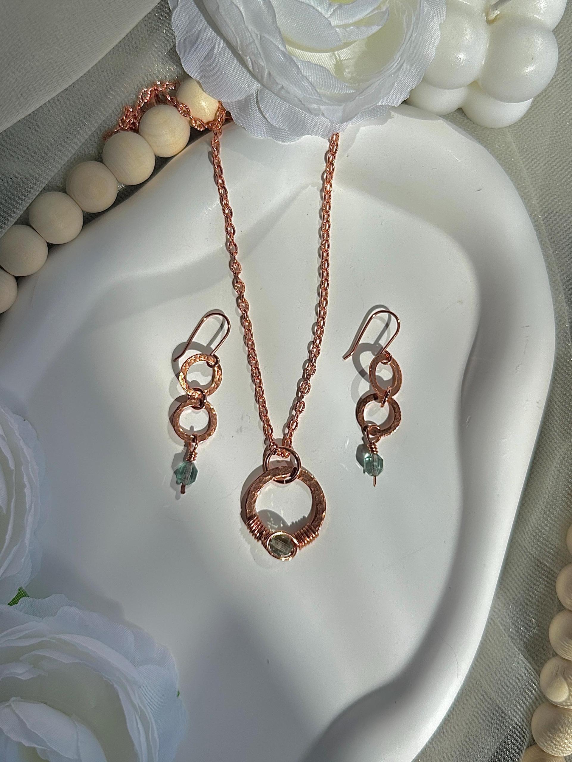 Handmade Fluorite Hammered Copper Link Necklace and Earrings Set